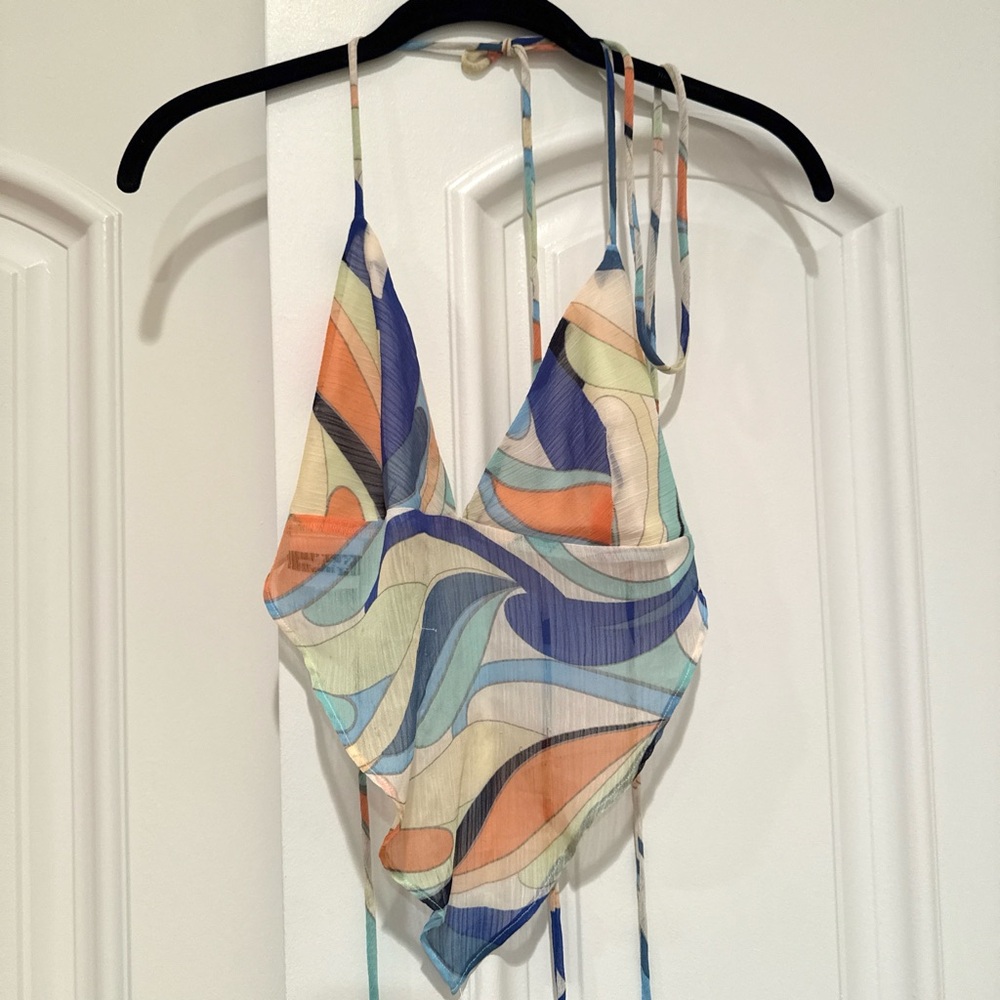 Colorful Abstract Print Tie-Neck Top